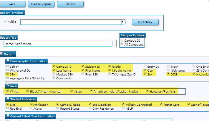 Create Registration Report page with Demo1 fields highlighted Create Registration Report page with Demo1 fields highlighted