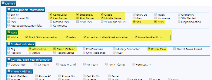 Create Registration Report - snippet with applicable demographic fields circled
