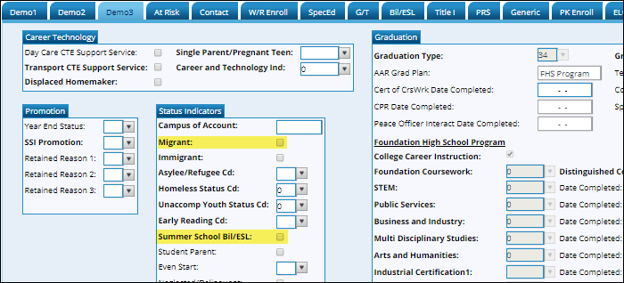 Demo3 tab with Student Category fields circled