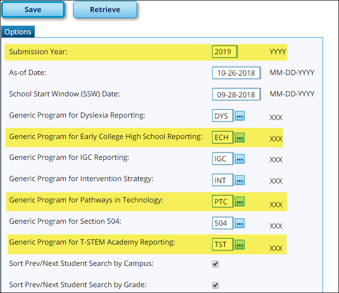 Options page with Submission Year field circled