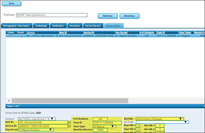 Responsibility tab with PEIMS fields highlighted