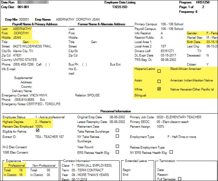 HRS1250 - Employee Data Listing report - page 1