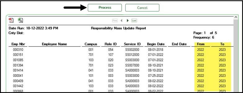 Responsibility Mass Update Report with From and To columns hightlighted.