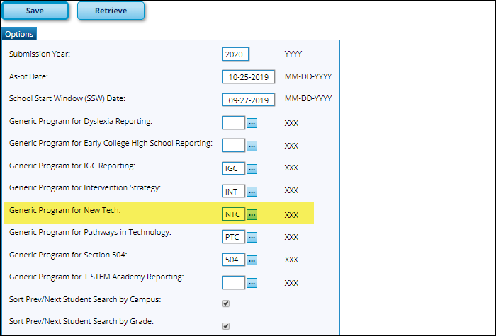 Options page with Fall 2019 settings