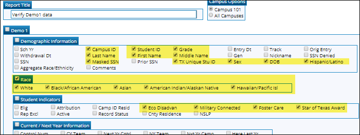 Create Registration Report with Demo1 fields selected