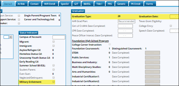 Demo3 tab with graduate fields highlighted