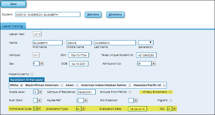 Prior Year Leaver Tracking page with Fall PEIMS fields highlighted