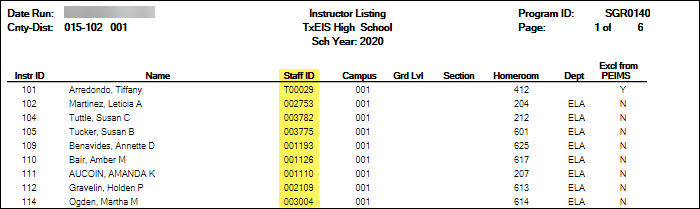 SGR0140 report with Staff ID field highlighted