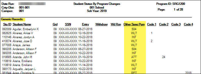 SRG1200 report with Print Generic Records parameter set to Y