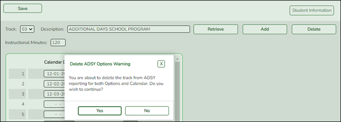ADSY Options Warning to delete a track