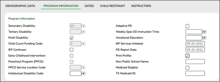 CY Program Information tab with Multi Disability highlighted
