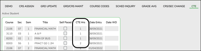 CTE tab with CTH Hours field highlighted