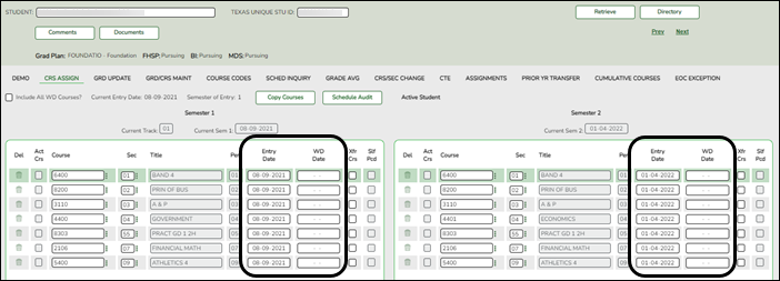 Crs Assign tab with StudentSectionAssociation elements highlighted