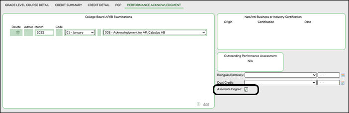 Performance Acknowledgement tab with Associate Degree field highlighted