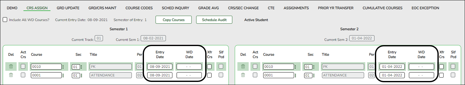 Crs Assign tab with StudentSectionAssociation elements highlighted