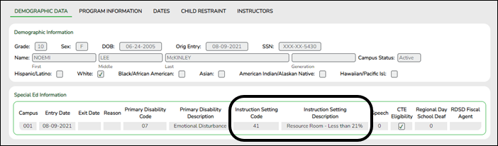 snippet of Demographic Info tab with Instructional Setting fields highlighted