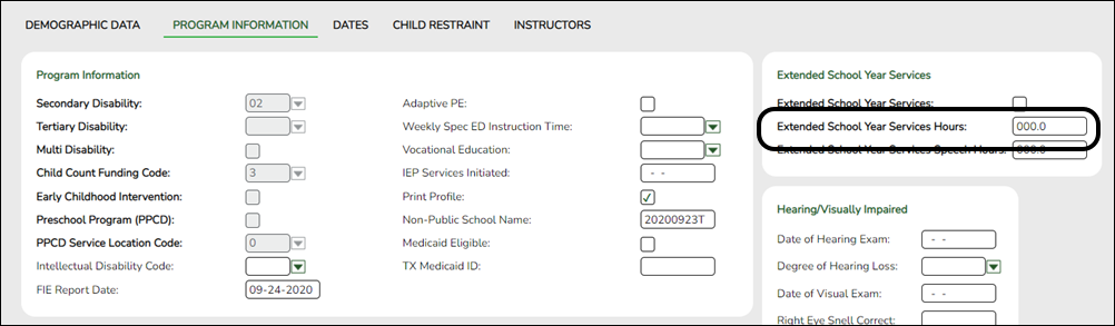 snippet of Program Information tab showing ESY fields
