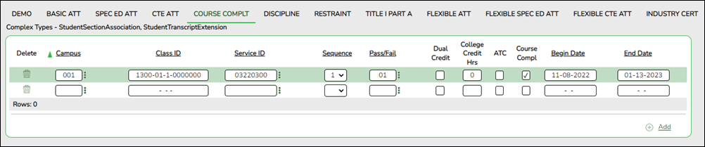 Student Course Completion tab