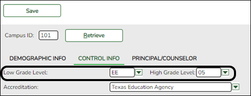 snippet of Control Info tab with grade level range fields highlighted