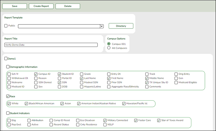 Create Registration Report with Demo1 fields selected