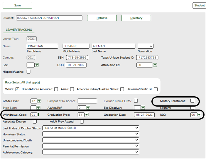 Prior Year Leaver Tracking page with Fall PEIMS fields highlighted