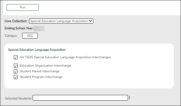 Special Education Language Acquisition Create Core Interchanges screen