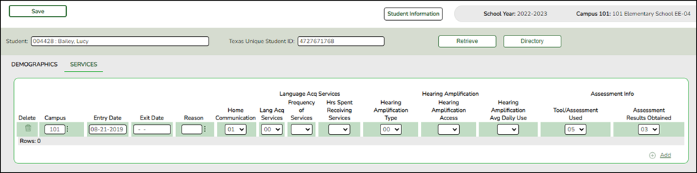 Special Education Language Acquisition Services tab