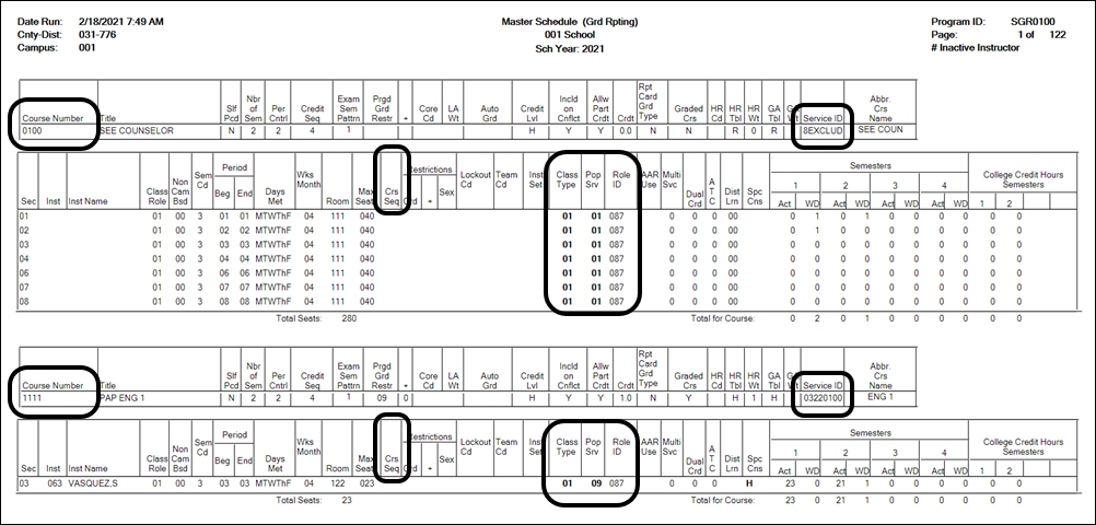 SGR0100 report with Course Numbers, Service IDs, Course Sequence, and Pop Served highlighted