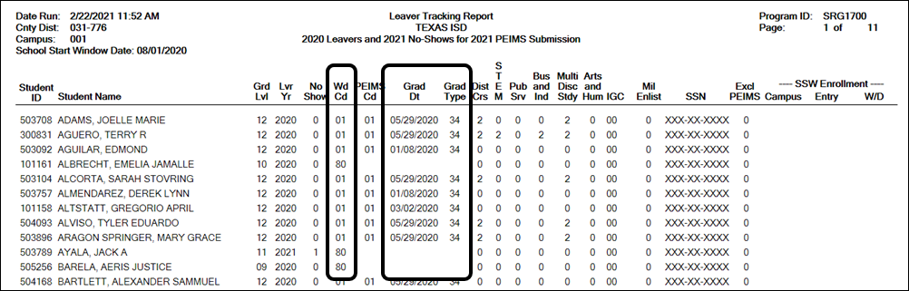 SRG1700 report with leaver fields highlighted