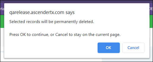 Message prompting you to confirm that you want to delete records