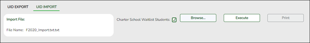 Screen shot of the UID Import screen with new Charter School Waitlist feature