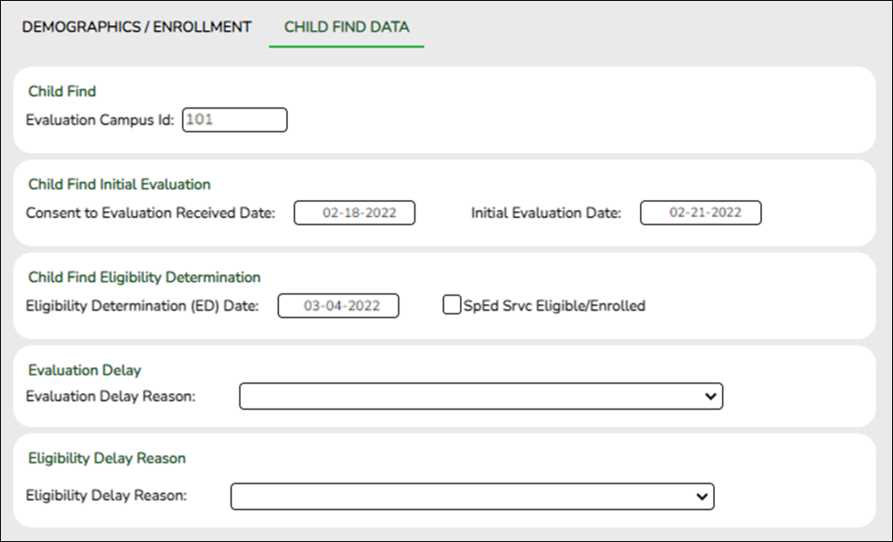 Sample image of the SPPI-11 and SPPI-12 Child Find Data tab