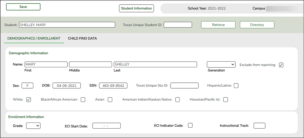 Sample image of the SPPI-12 Demographic/Enrollment tab
