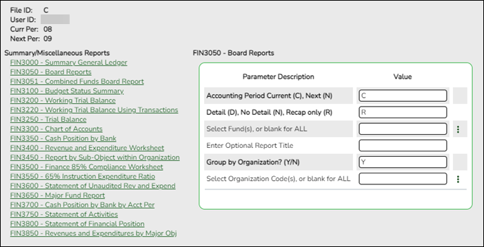 FIN3050 - Board Reports parameter screen