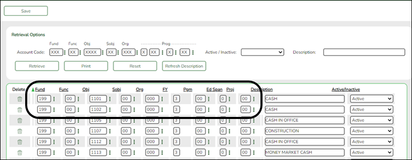 Finance Chart of Accounts page with Account field highlighted