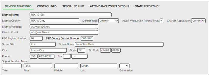 Registration > Maintenance > District Profile > District Maintenance > Demographic Info screen