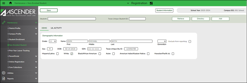Registration Maintenance Non-Enrolled Demo tab