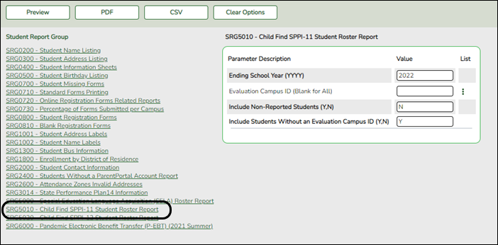 SRG5010 – Child Find SPPI-11 Student Roster Report parameters screen
