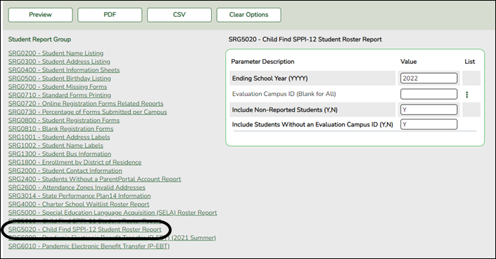 SRG5020 – Child Find SPPI-12 Student Roster Report parameters screen